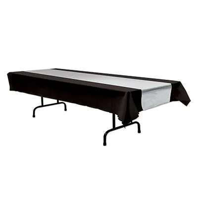 54" Black & Silver Plastic Rectangular Tablecover - 54" x 108" | 1 Count
