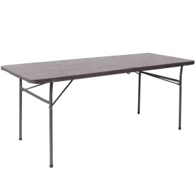 6-Foot Bi-Fold Brown Wood Grain Plastic Folding Table With Carrying Handle By Flash Furniture
