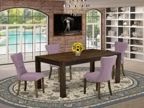 East West Furniture LMGA5-77-40 5 Piece Kitchen Table & Chairs Set Includes a Rectangle Rustic Wood Dining Room Table and 4 Dahlia Linen Fabric Upholstered Chairs, 40x72 Inch, Jacobean