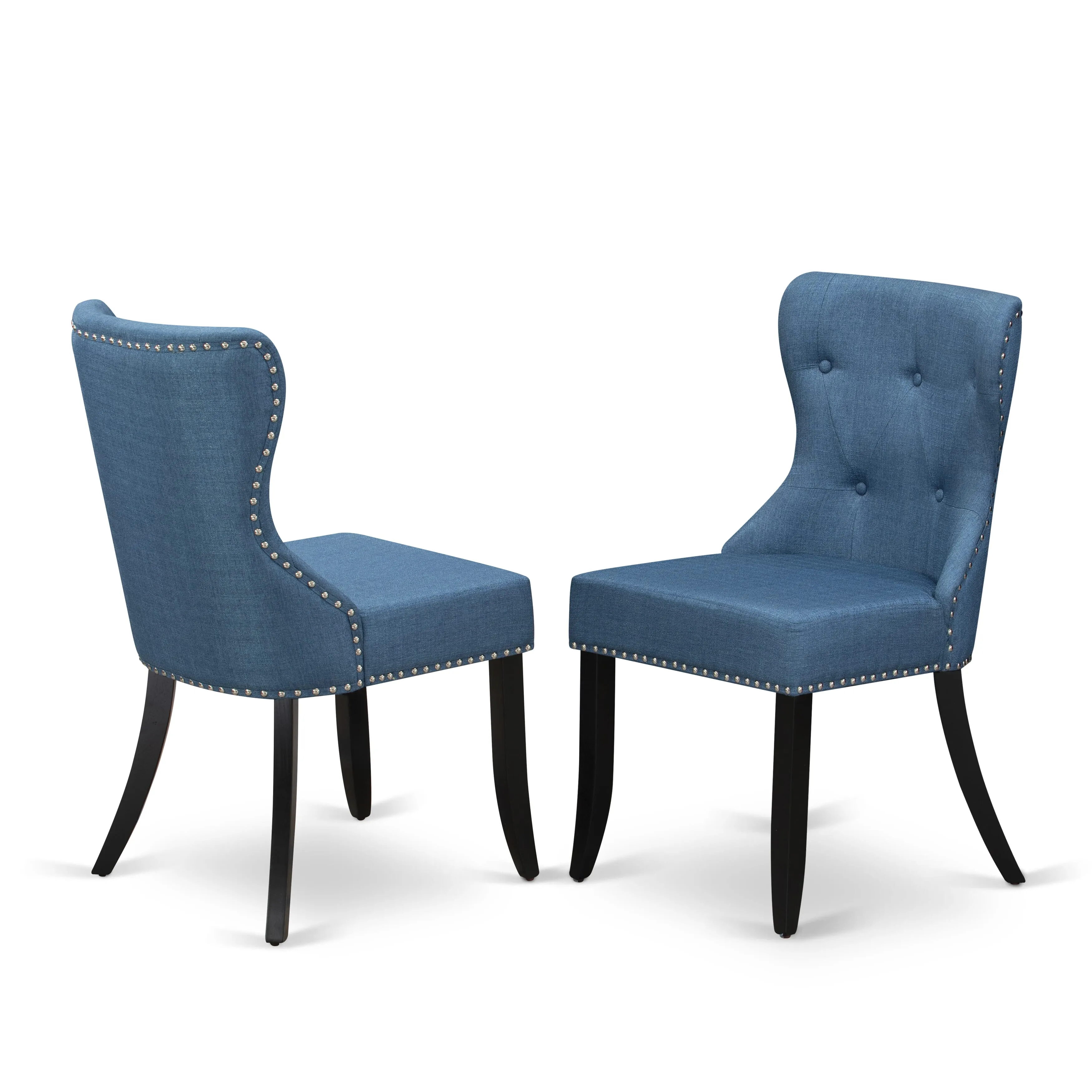 East West Furniture V626SI121-5 5-Piece Modern Dining Set- 4 Parson Chairs with Blue Linen Fabric Seat and Button Tufted Chair Back - Rectangular Table Top & Wooden Legs - Linen White and Black Finish