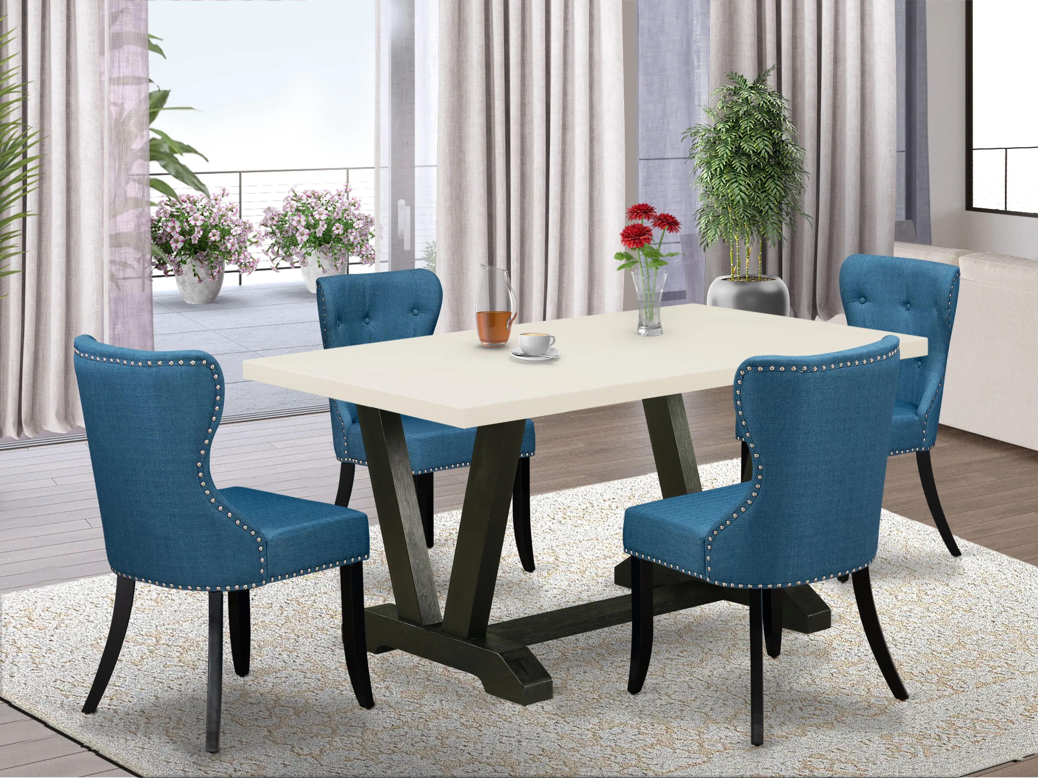 East West Furniture V626SI121-5 5-Piece Modern Dining Set- 4 Parson Chairs with Blue Linen Fabric Seat and Button Tufted Chair Back - Rectangular Table Top & Wooden Legs - Linen White and Black Finish