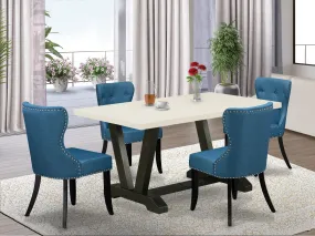 East West Furniture V626SI121-5 5-Piece Modern Dining Set- 4 Parson Chairs with Blue Linen Fabric Seat and Button Tufted Chair Back - Rectangular Table Top & Wooden Legs - Linen White and Black Finish