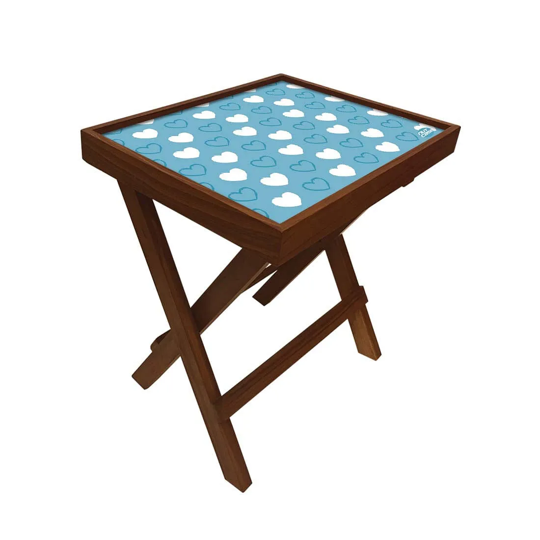 Folding Side Table - Teak Wood -Blue Heart