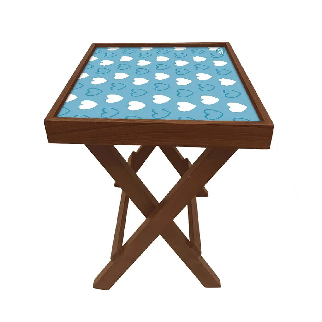 Folding Side Table - Teak Wood -Blue Heart