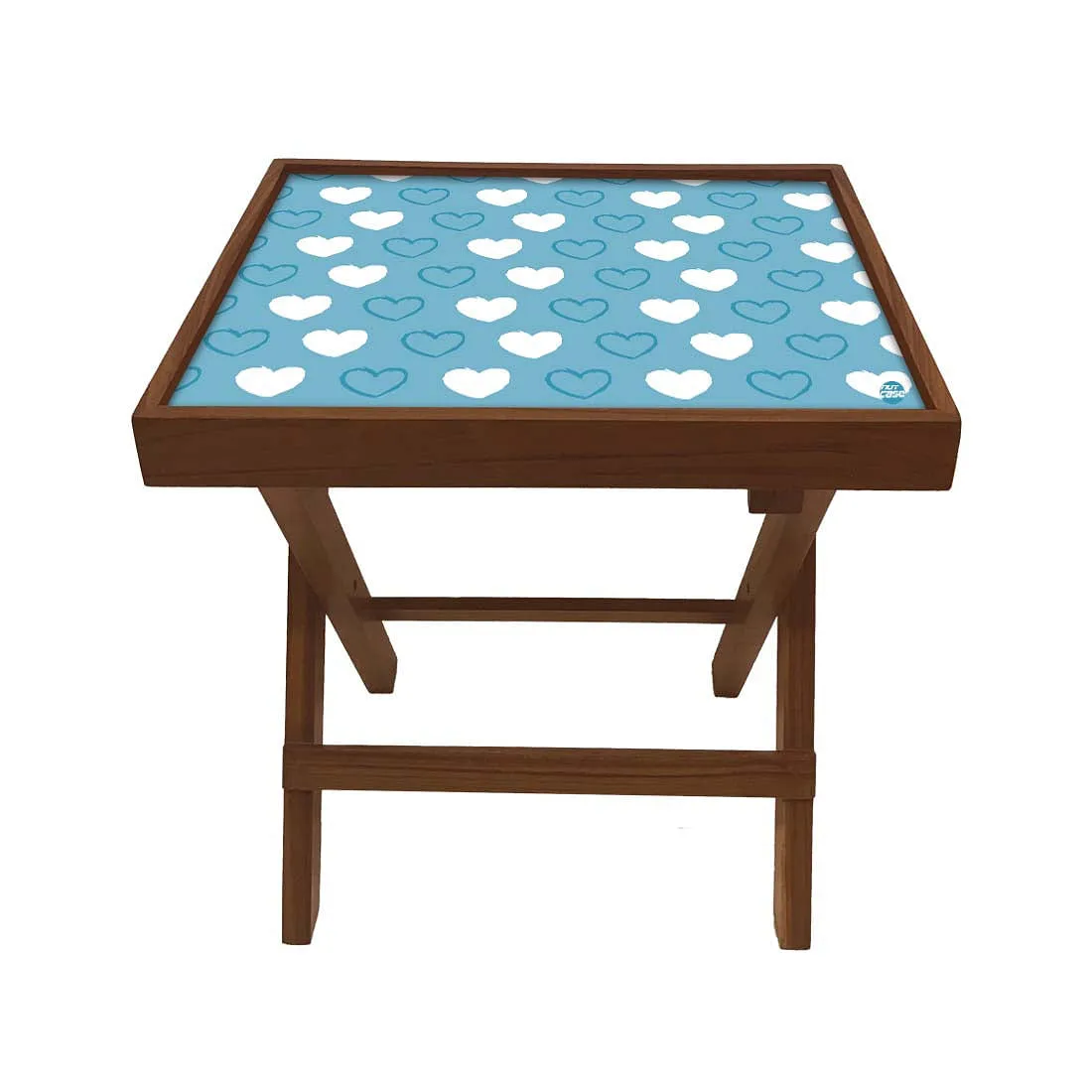 Folding Side Table - Teak Wood -Blue Heart