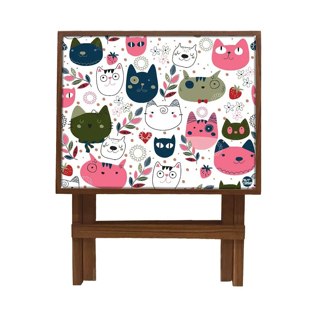 Folding Side Table - Teak Wood - Cute Litle Kitties