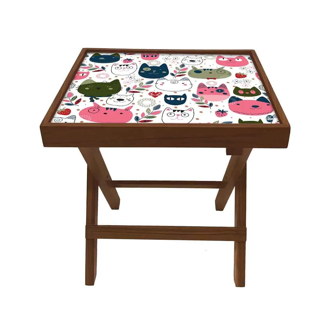 Folding Side Table - Teak Wood - Cute Litle Kitties