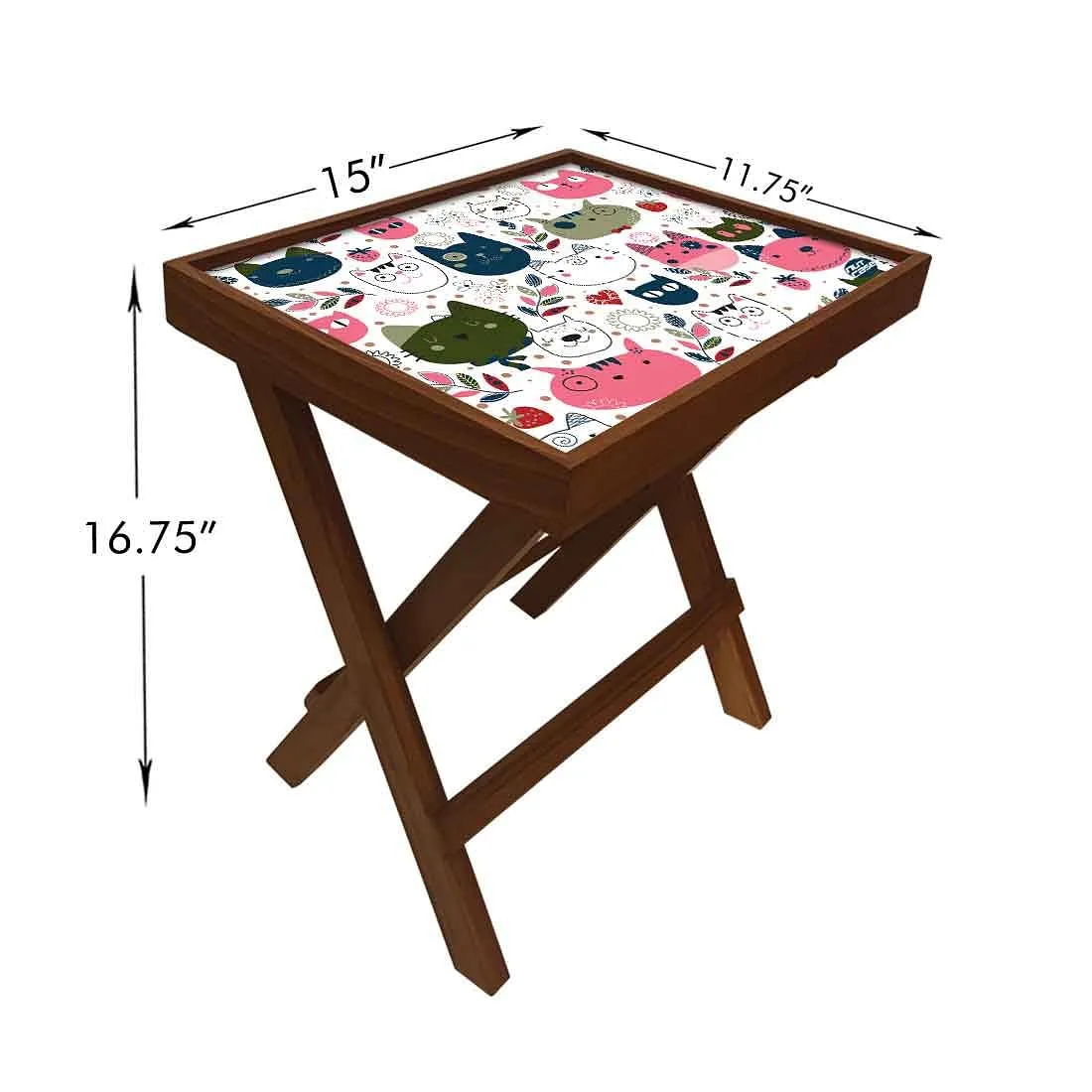 Folding Side Table - Teak Wood - Cute Litle Kitties