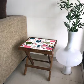 Folding Side Table - Teak Wood - Cute Litle Kitties