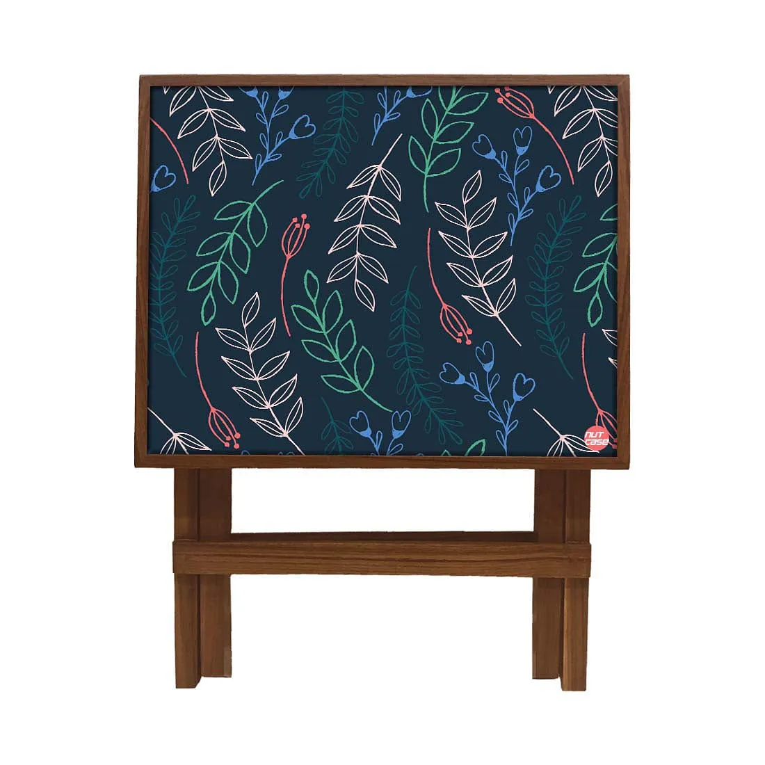 Folding Side Table - Teak Wood -Cute Twigs Blue