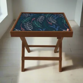 Folding Side Table - Teak Wood -Cute Twigs Blue