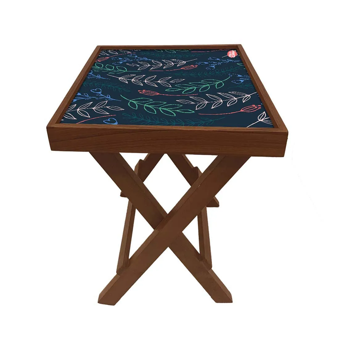 Folding Side Table - Teak Wood -Cute Twigs Blue