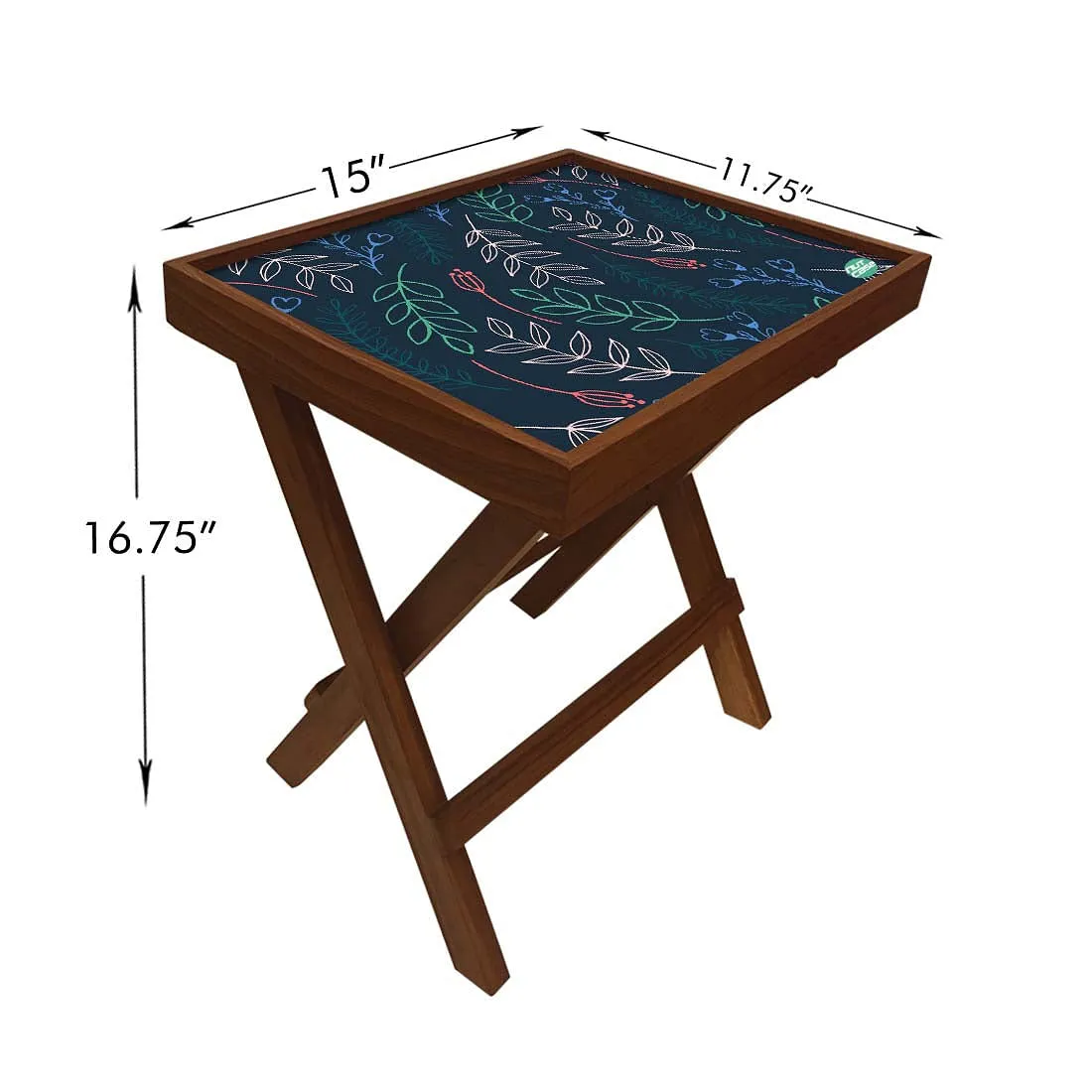 Folding Side Table - Teak Wood -Cute Twigs Blue
