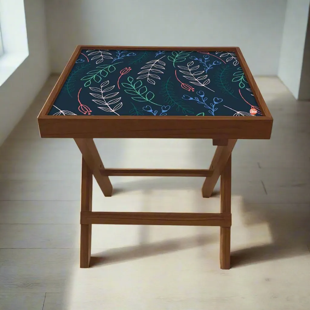 Folding Side Table - Teak Wood -Cute Twigs Blue