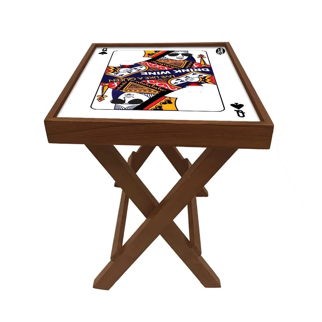 Folding Side Table - Teak Wood - Playing Card Queen