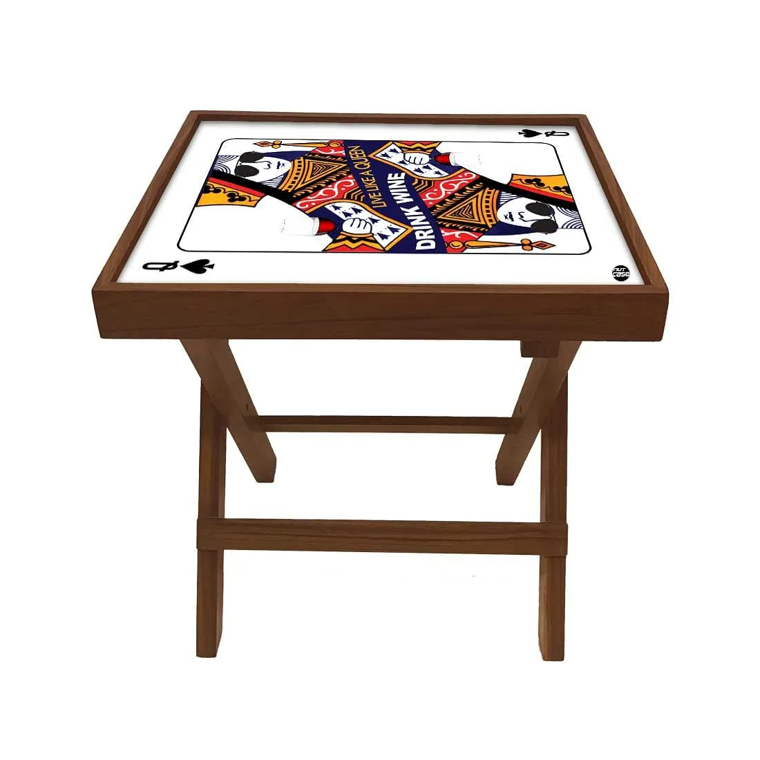 Folding Side Table - Teak Wood - Playing Card Queen