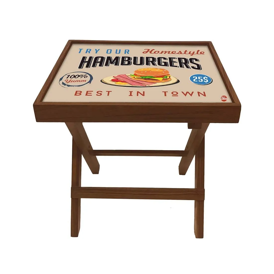Folding Side Table - Teak Wood - Retro Diner Style Burgers
