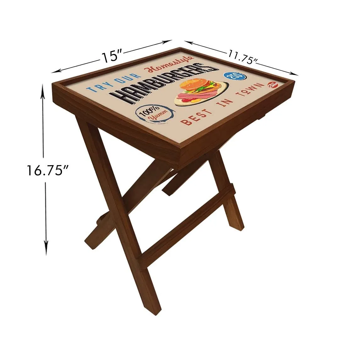 Folding Side Table - Teak Wood - Retro Diner Style Burgers
