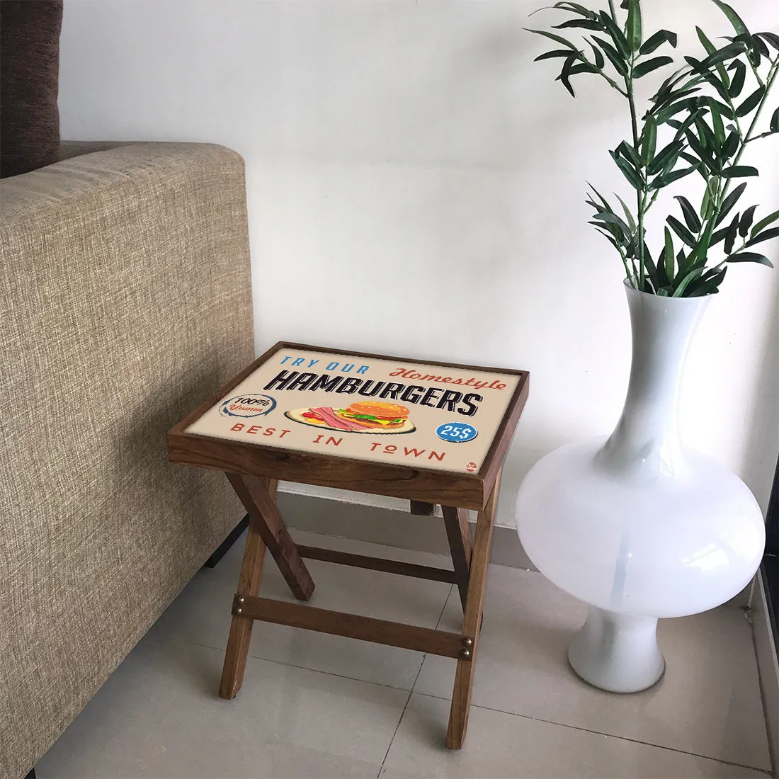 Folding Side Table - Teak Wood - Retro Diner Style Burgers