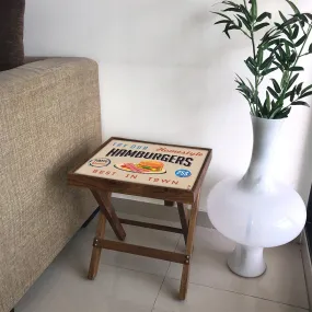 Folding Side Table - Teak Wood - Retro Diner Style Burgers
