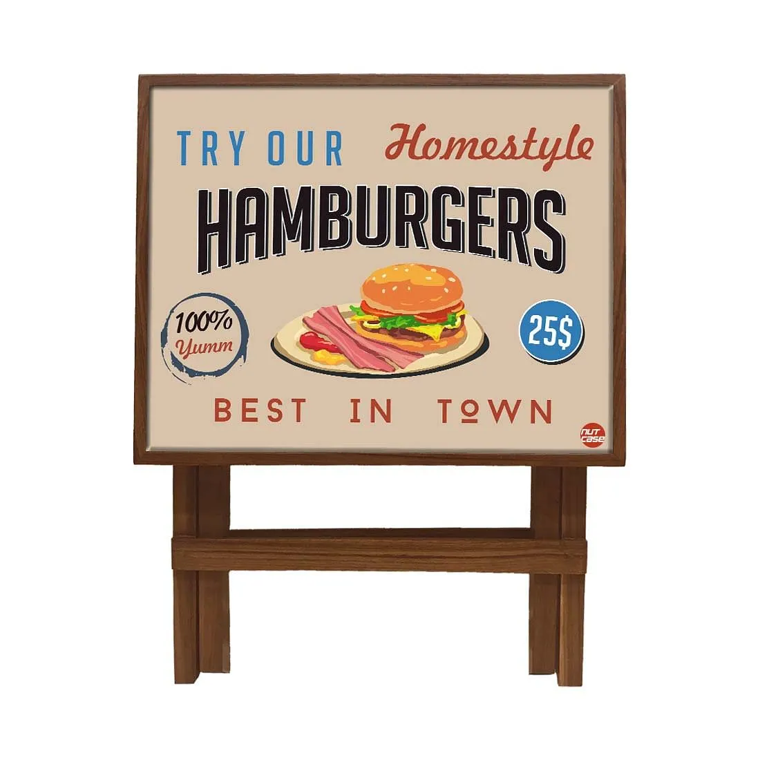 Folding Side Table - Teak Wood - Retro Diner Style Burgers