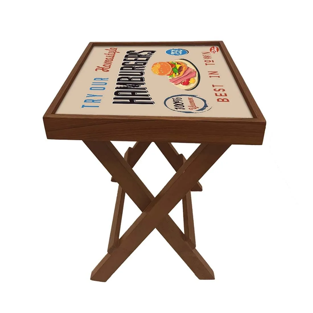 Folding Side Table - Teak Wood - Retro Diner Style Burgers