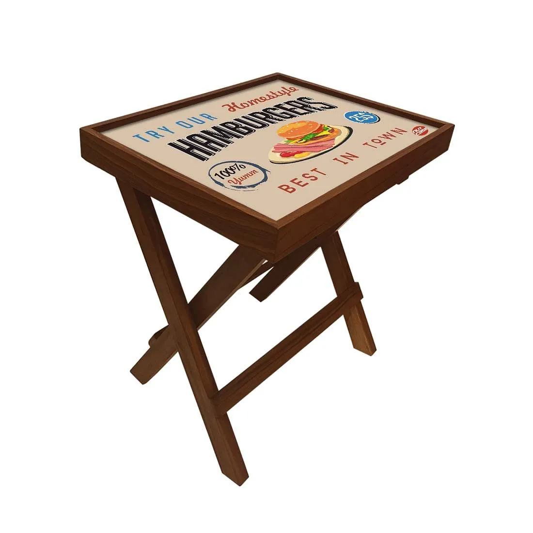 Folding Side Table - Teak Wood - Retro Diner Style Burgers