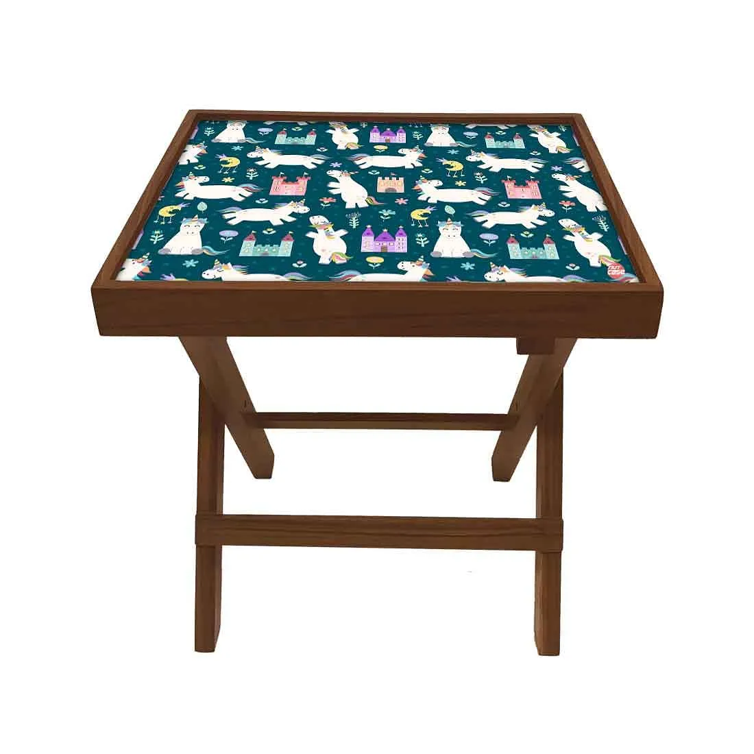 Folding Side Table - Teak Wood -White Unicorn and Palace