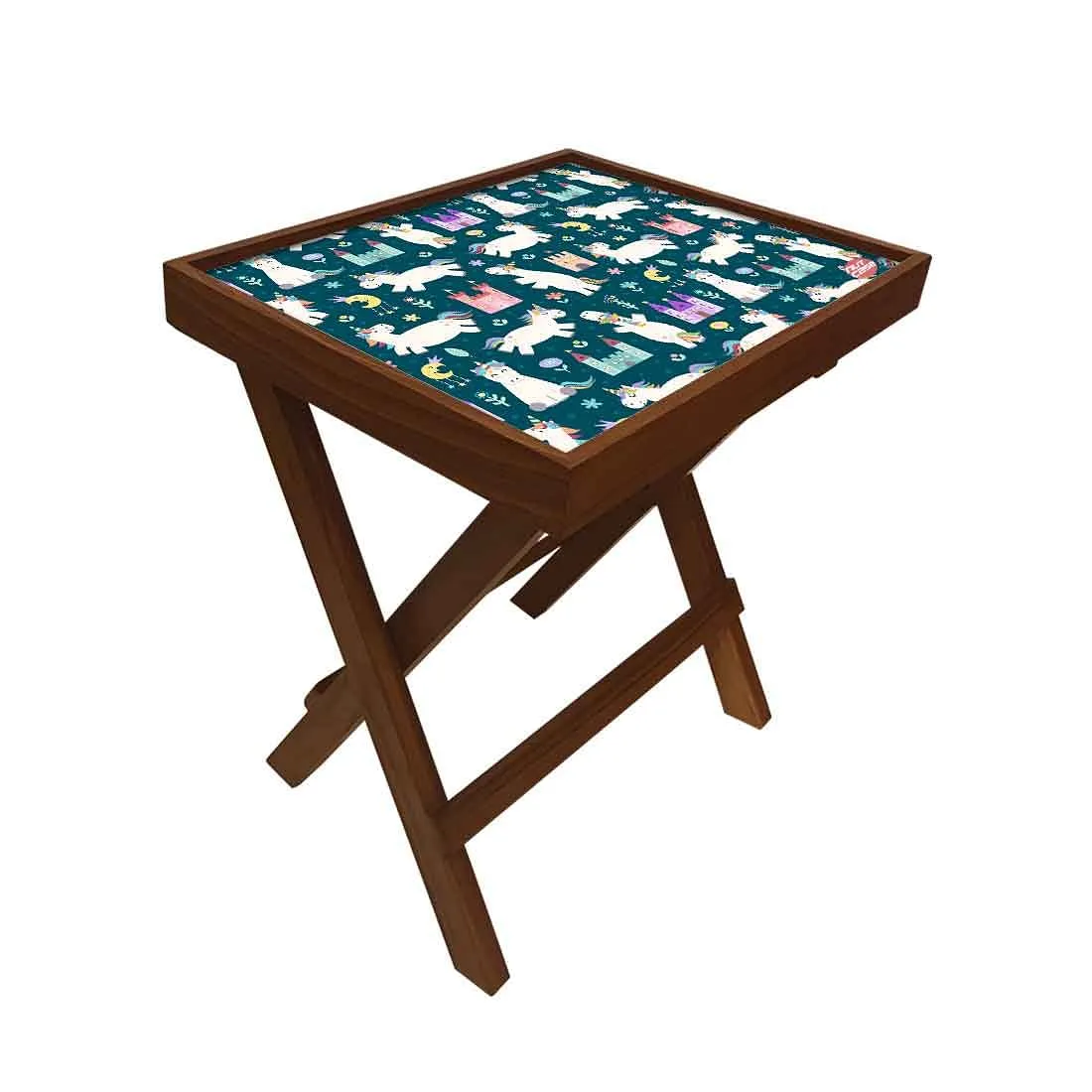 Folding Side Table - Teak Wood -White Unicorn and Palace