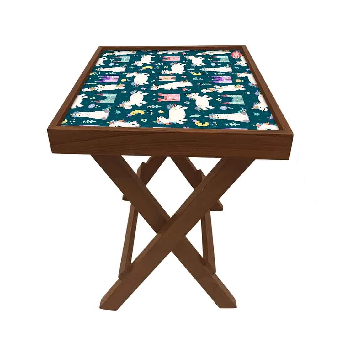 Folding Side Table - Teak Wood -White Unicorn and Palace
