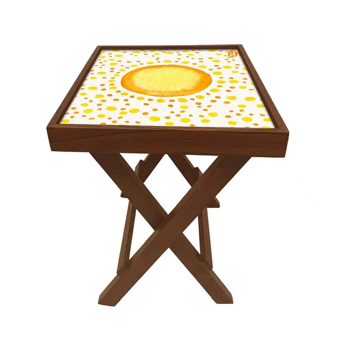 Folding Side Table - Teak Wood - Yellow And Orange Dots