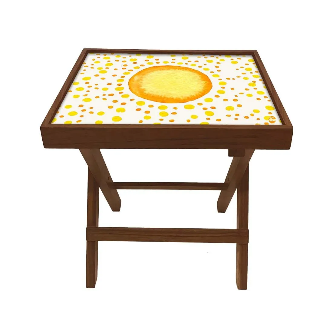 Folding Side Table - Teak Wood - Yellow And Orange Dots