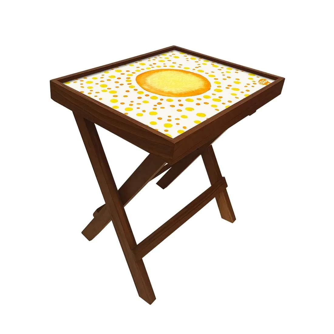 Folding Side Table - Teak Wood - Yellow And Orange Dots