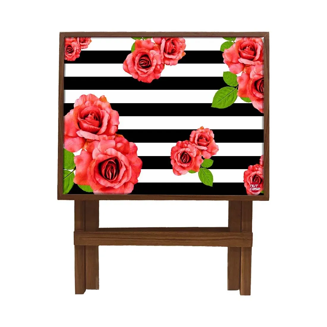 Folding Wooden Bedside Table-Teak Wood-Black & White Floral