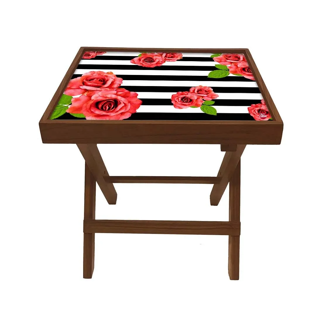 Folding Wooden Bedside Table-Teak Wood-Black & White Floral
