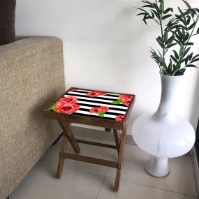 Folding Wooden Bedside Table-Teak Wood-Black & White Floral