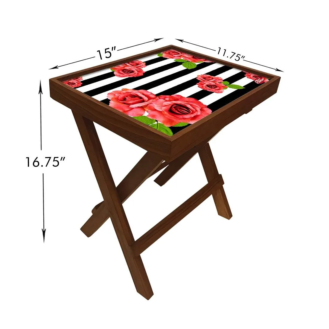 Folding Wooden Bedside Table-Teak Wood-Black & White Floral