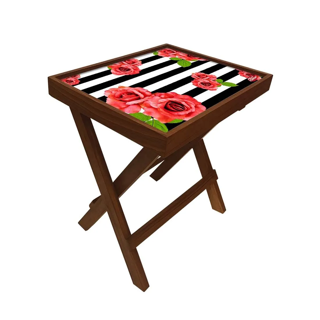 Folding Wooden Bedside Table-Teak Wood-Black & White Floral