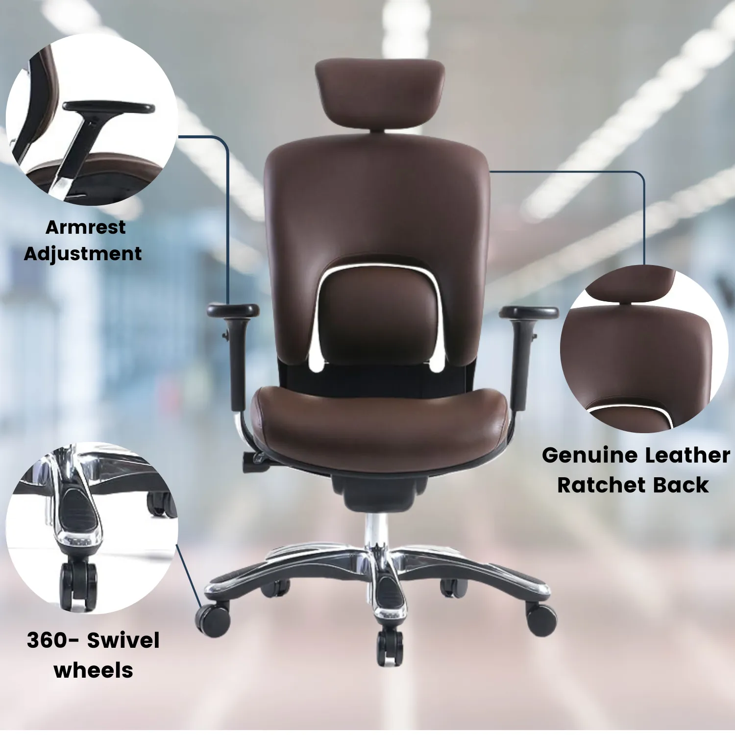 GM Seating Ergolux Genuine Leather Executive Hi Swivel Chair Chrome Base with Headrest Lumbar Support, Modern Ergonomic Chair for Home Office - Comfortable Desk Chair, Adjustable Armrest Brown