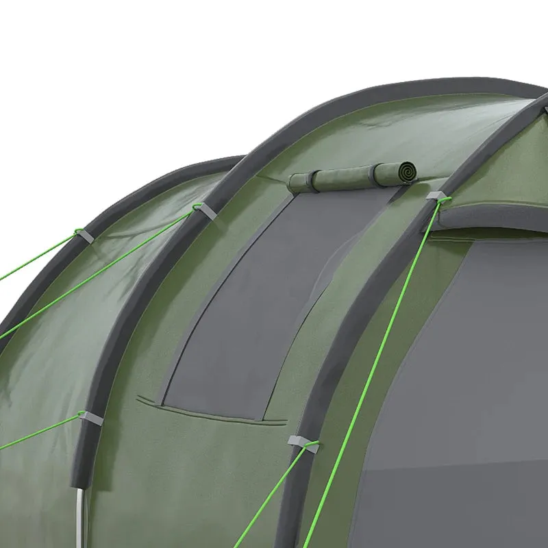 Green 3-4 Person Two-Room Tunnel Camping Tent with Windows and Carry Bag