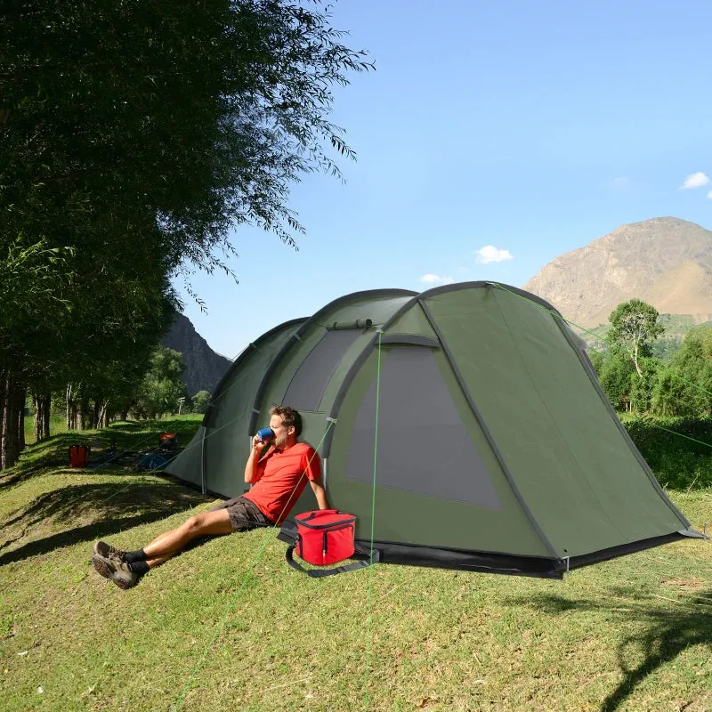 Green 3-4 Person Two-Room Tunnel Camping Tent with Windows and Carry Bag