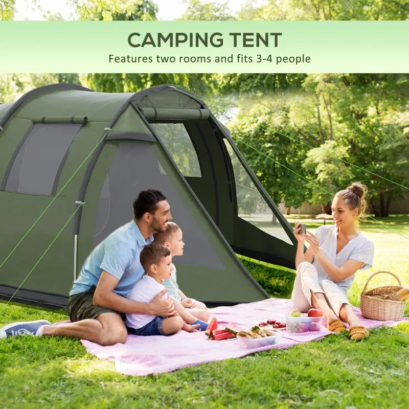 Green 3-4 Person Two-Room Tunnel Camping Tent with Windows and Carry Bag