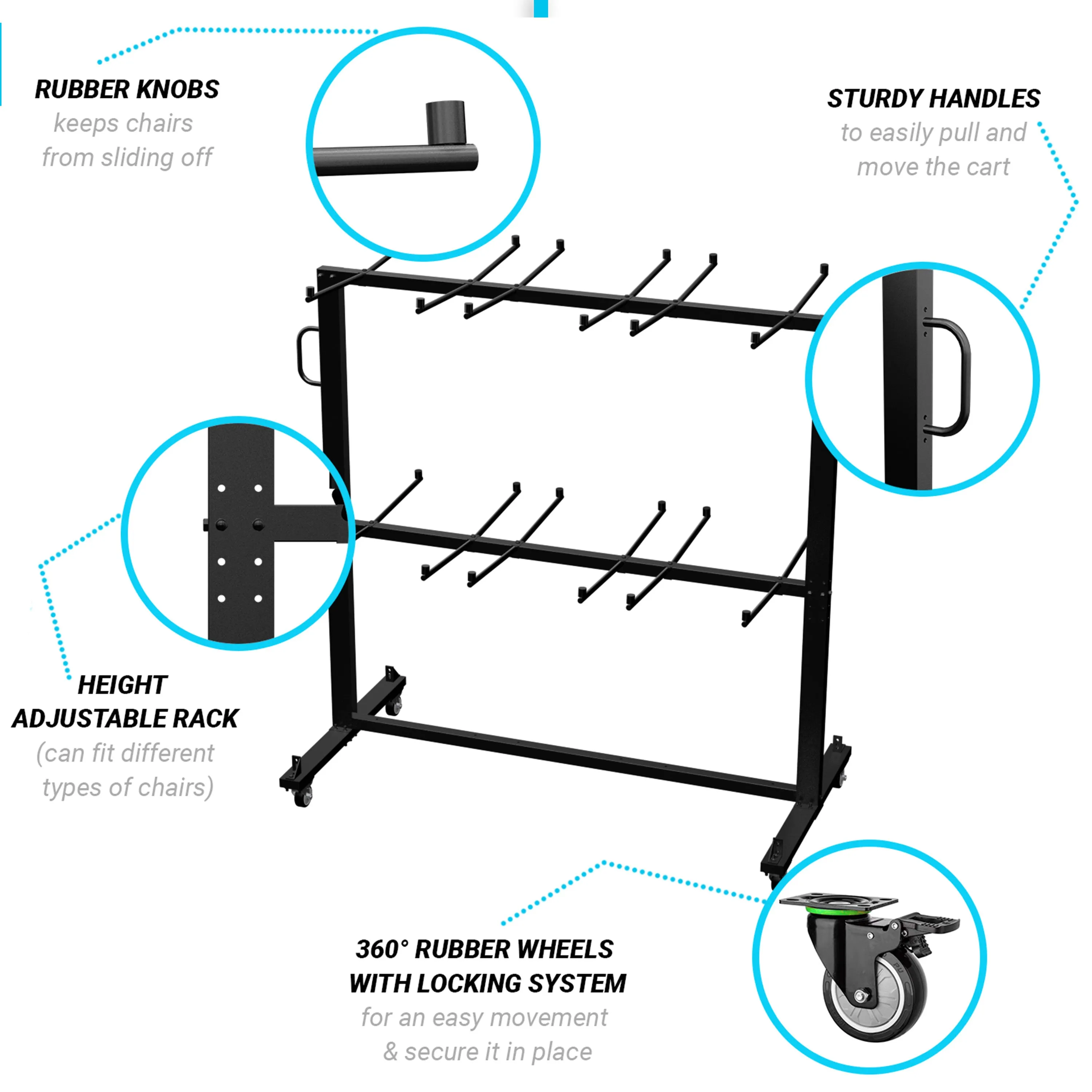 Hawkins Heavy Duty Folding Table and Chairs Mobile Cart-Locking Wheels, Outdoor Cover, 84 Folding Chairs or 42 Chairs and 12 Tables Capacity, Black