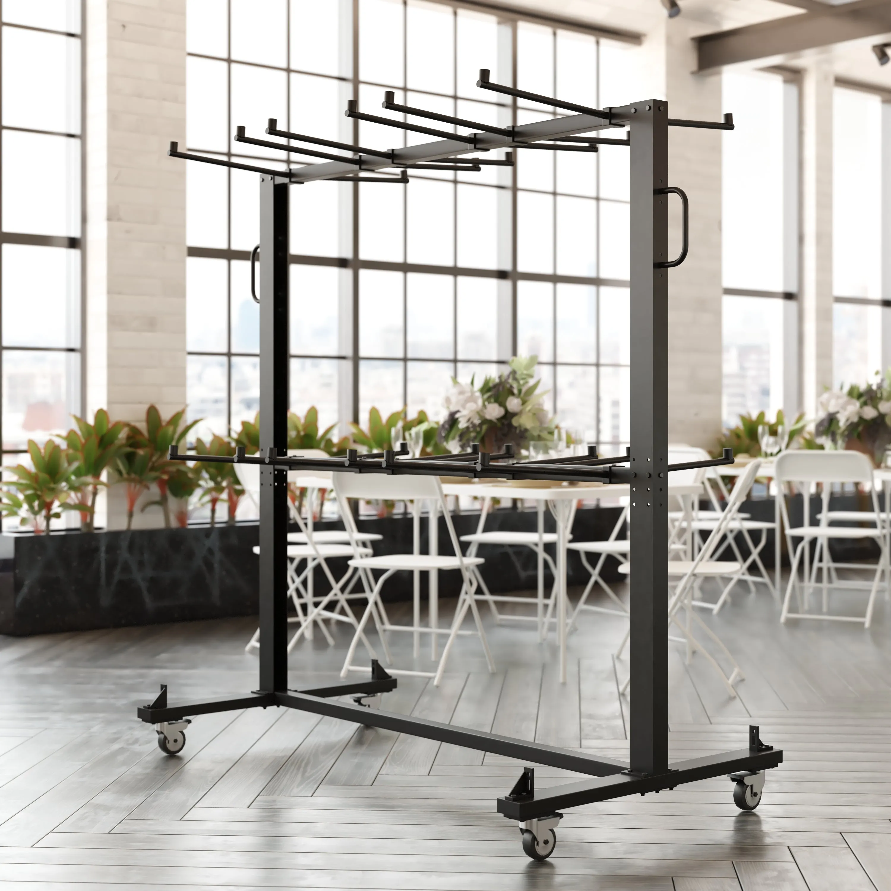 Hawkins Heavy Duty Folding Table and Chairs Mobile Cart-Locking Wheels, Outdoor Cover, 84 Folding Chairs or 42 Chairs and 12 Tables Capacity, Black