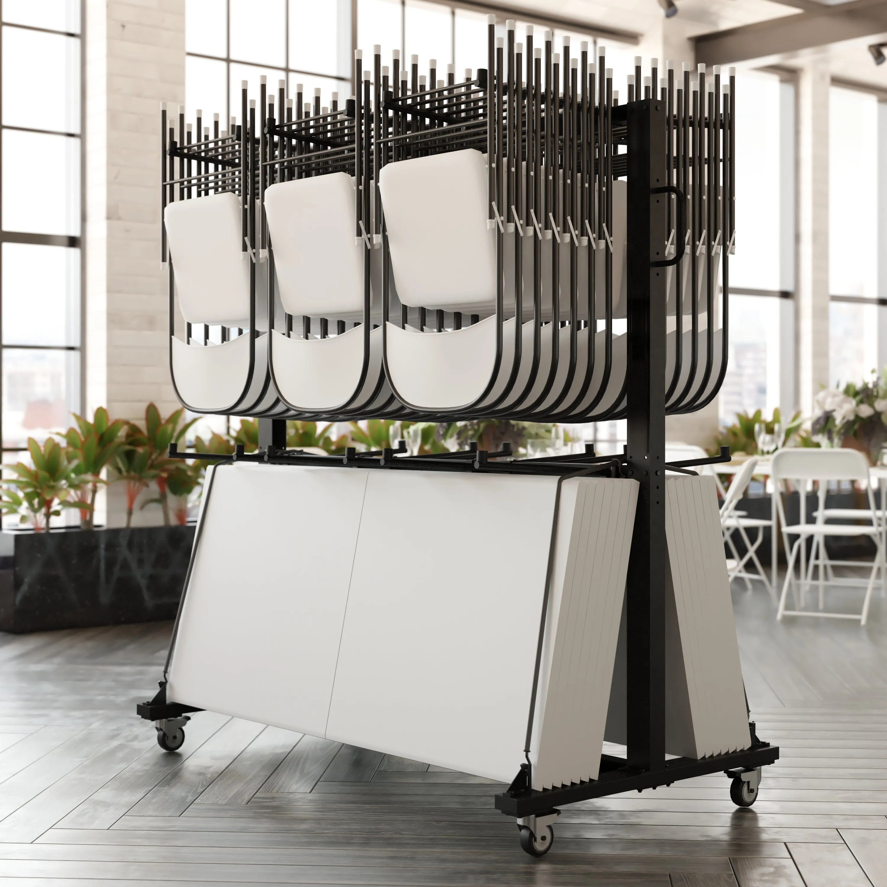 Hawkins Heavy Duty Folding Table and Chairs Mobile Cart-Locking Wheels, Outdoor Cover, 84 Folding Chairs or 42 Chairs and 12 Tables Capacity, Black