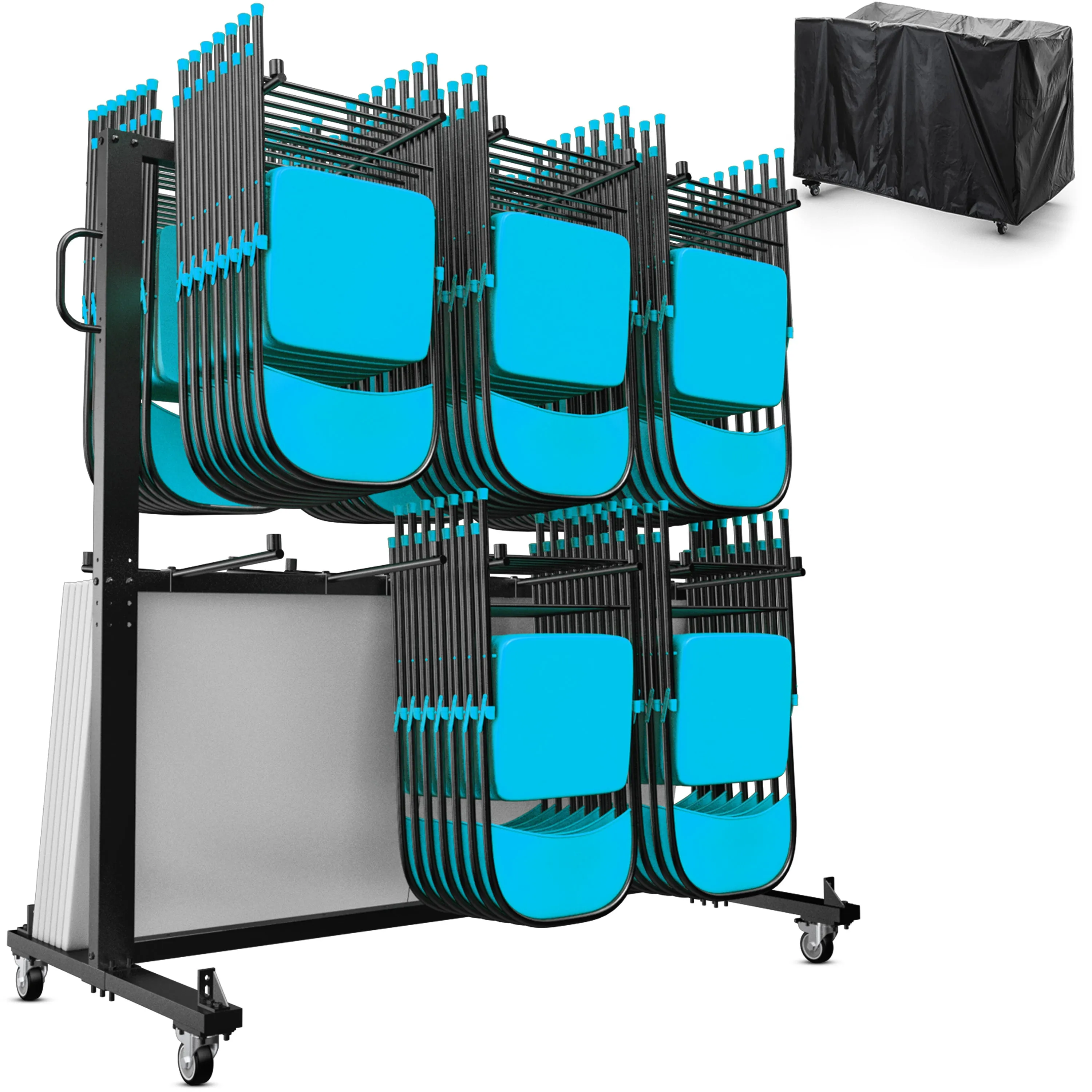 Hawkins Heavy Duty Folding Table and Chairs Mobile Cart-Locking Wheels, Outdoor Cover, 84 Folding Chairs or 42 Chairs and 12 Tables Capacity, Black