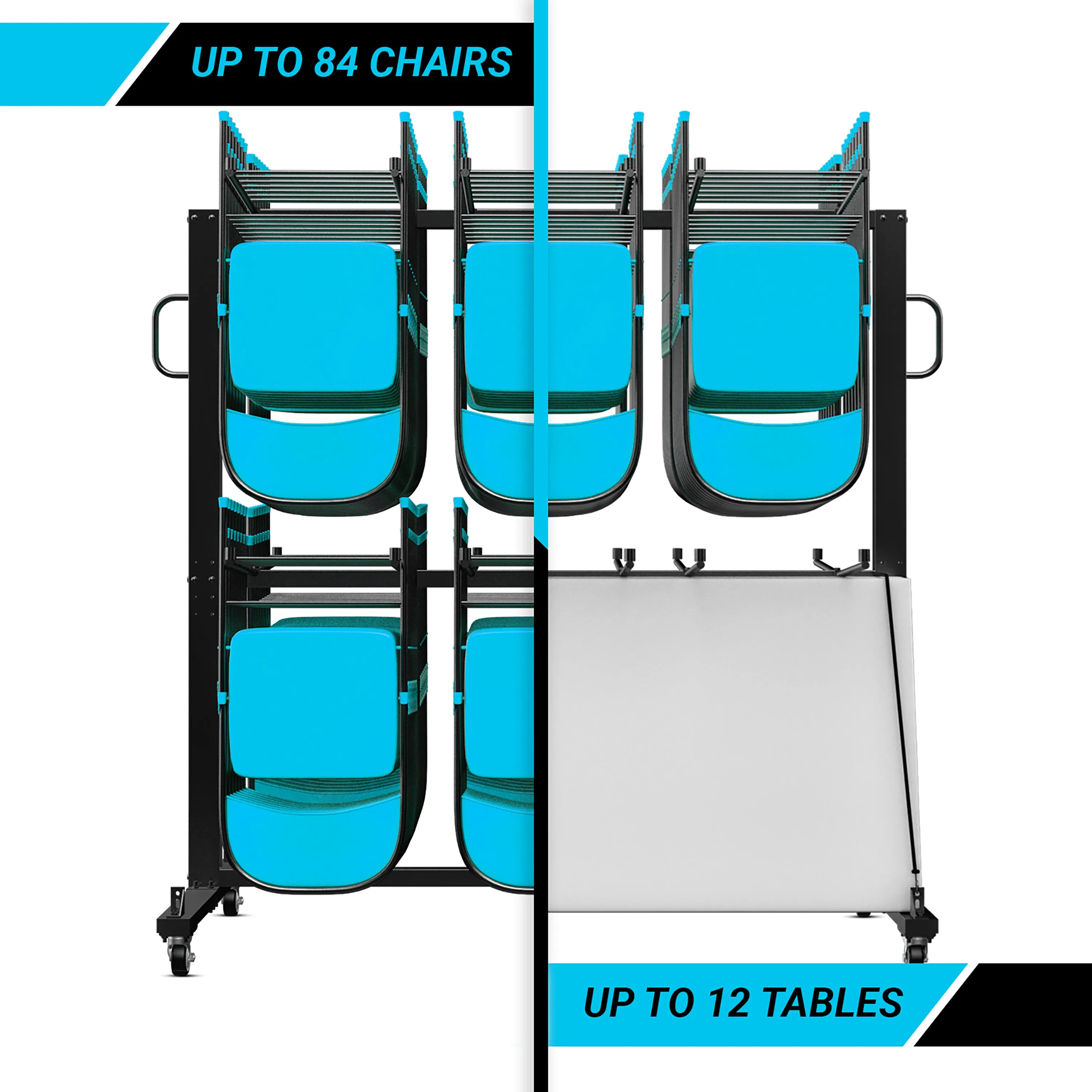 Hawkins Heavy Duty Folding Table and Chairs Mobile Cart-Locking Wheels, Outdoor Cover, 84 Folding Chairs or 42 Chairs and 12 Tables Capacity, Black