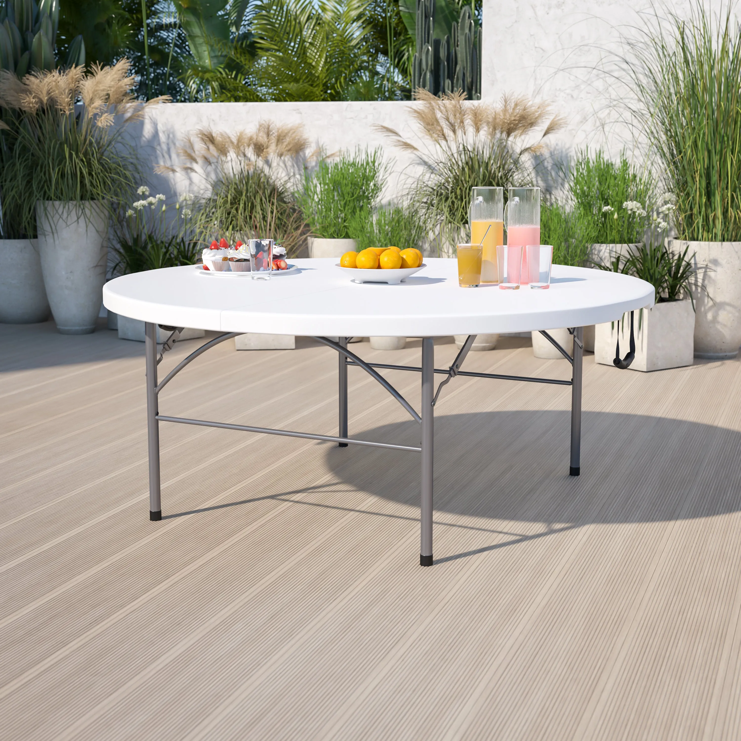 Kathryn 5.89-Foot Round Bi-Fold Granite White Plastic Banquet and Event Folding Table with Carrying Handle