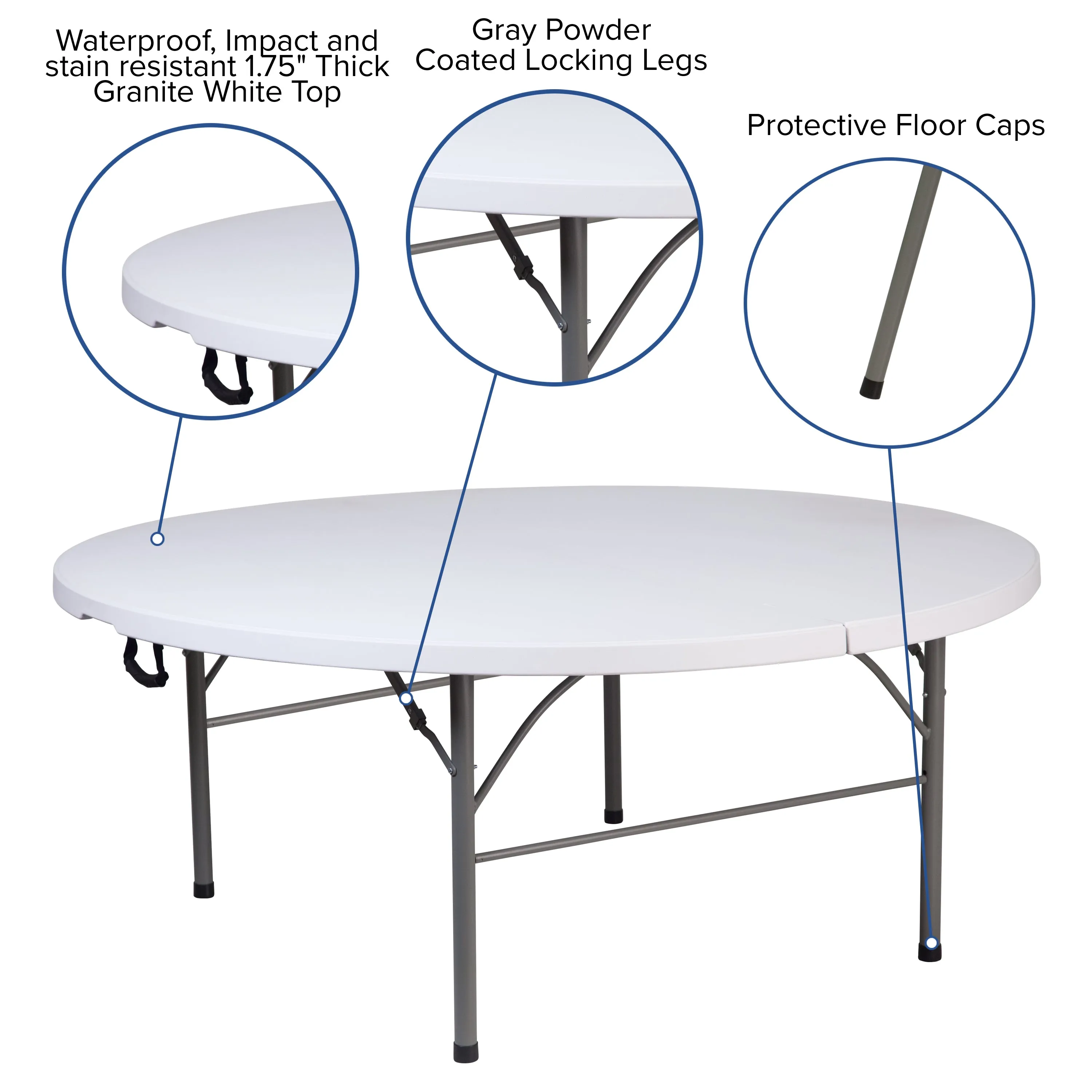 Kathryn 5.89-Foot Round Bi-Fold Granite White Plastic Banquet and Event Folding Table with Carrying Handle