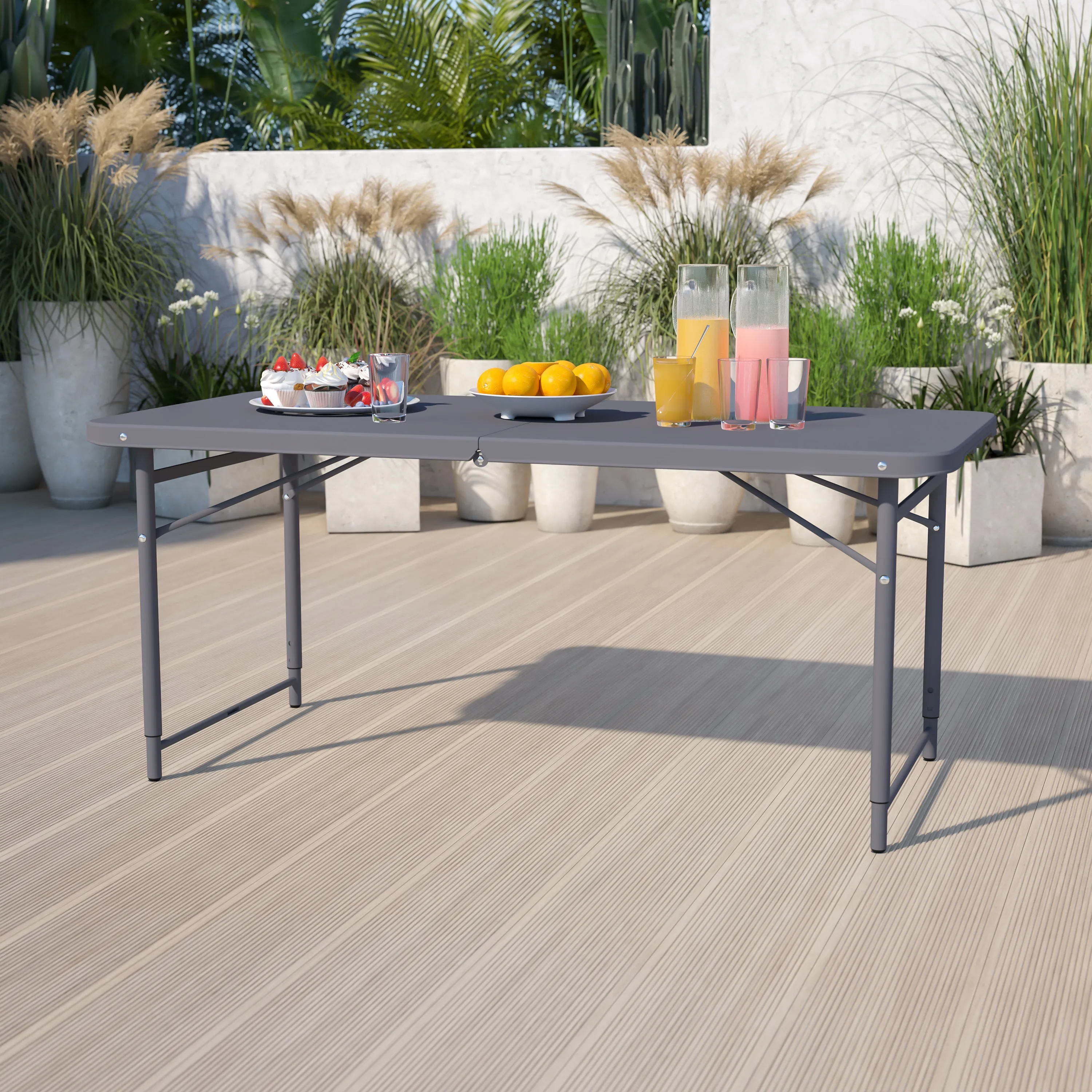 Mills 4-Foot Height Adjustable Bi-Fold Dark Gray Plastic Folding Table with Carrying Handle